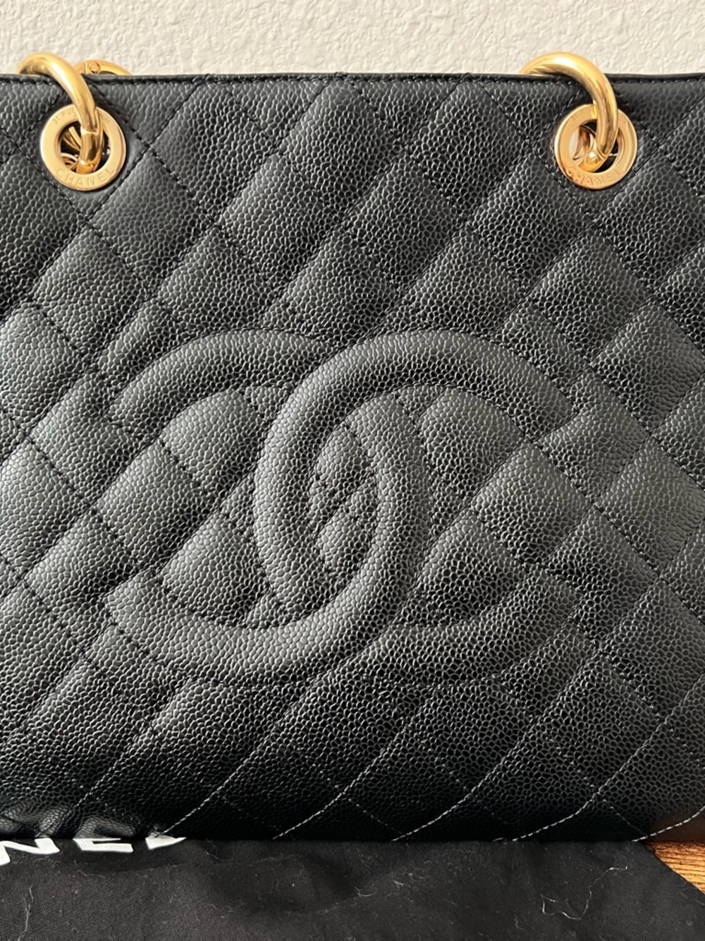 CHANEL Black Quilted Caviar Leather Tote with Gold Hardware